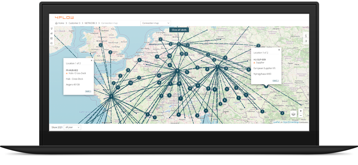 4flow NEVA - Logiciel de visualisation des réseaux de la chaîne logistique de tous les secteurs et modes de transport.